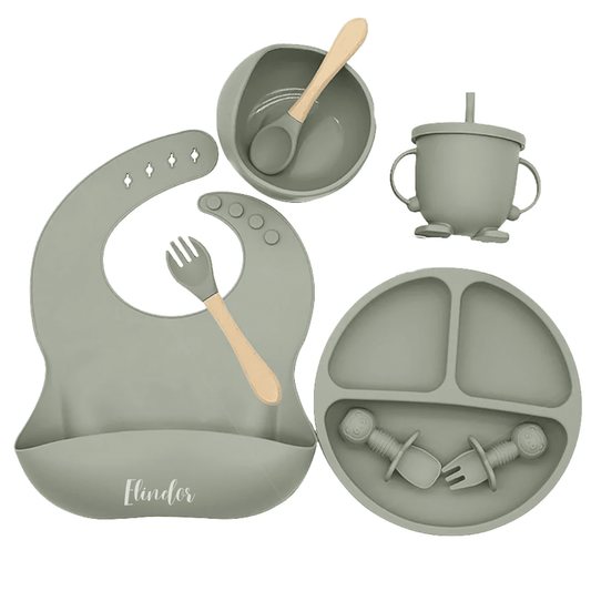 Set hrănire bebe din silicon, 8 piese: bavetă, farfurie compartimentată, bol cu ventuză, 2 seturi linguriță și furculiță, cană, fără alergeni, verde