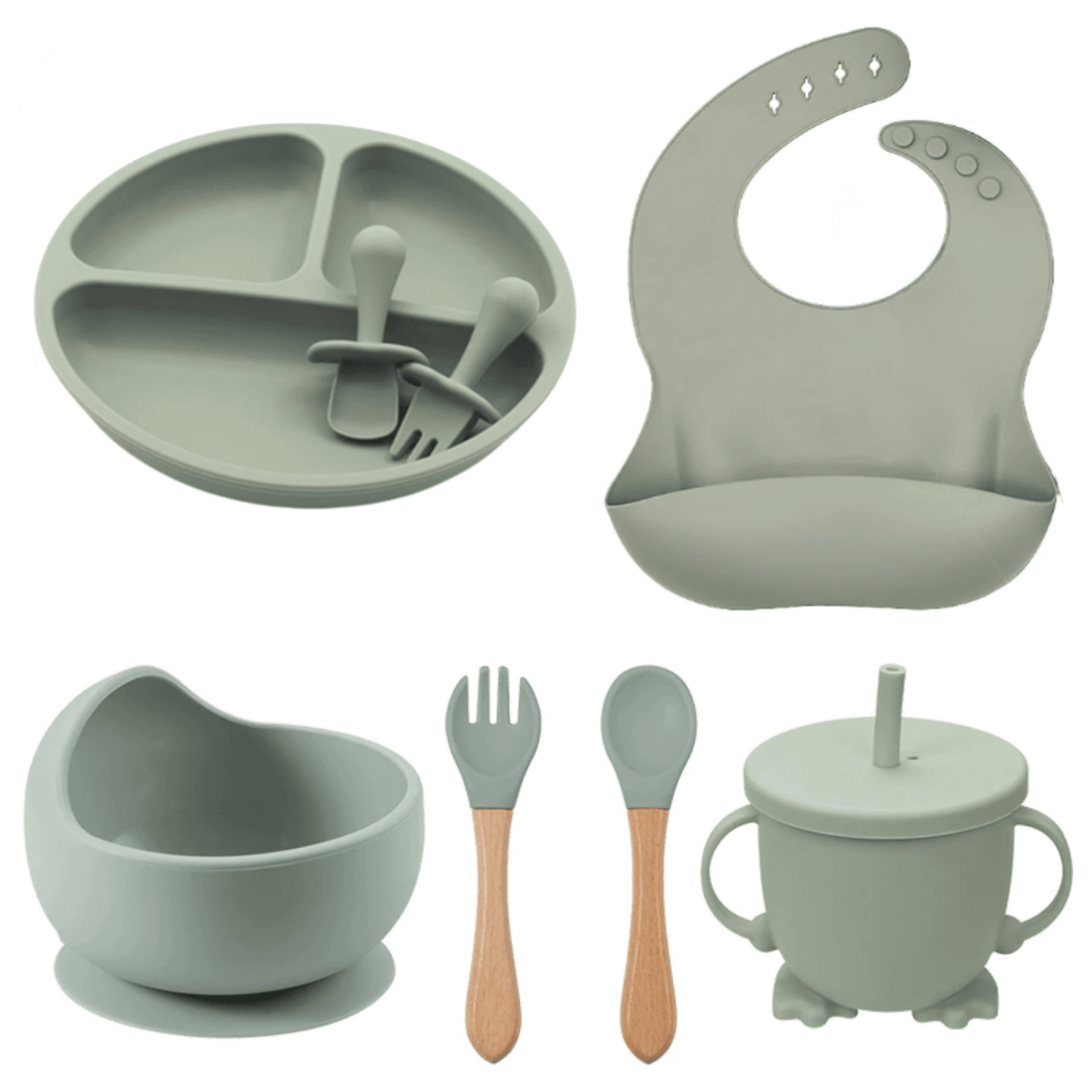 Set hrănire bebe din silicon, 8 piese: bavetă, farfurie compartimentată, bol cu ventuză, 2 seturi linguriță și furculiță, cană, fără alergeni, verde