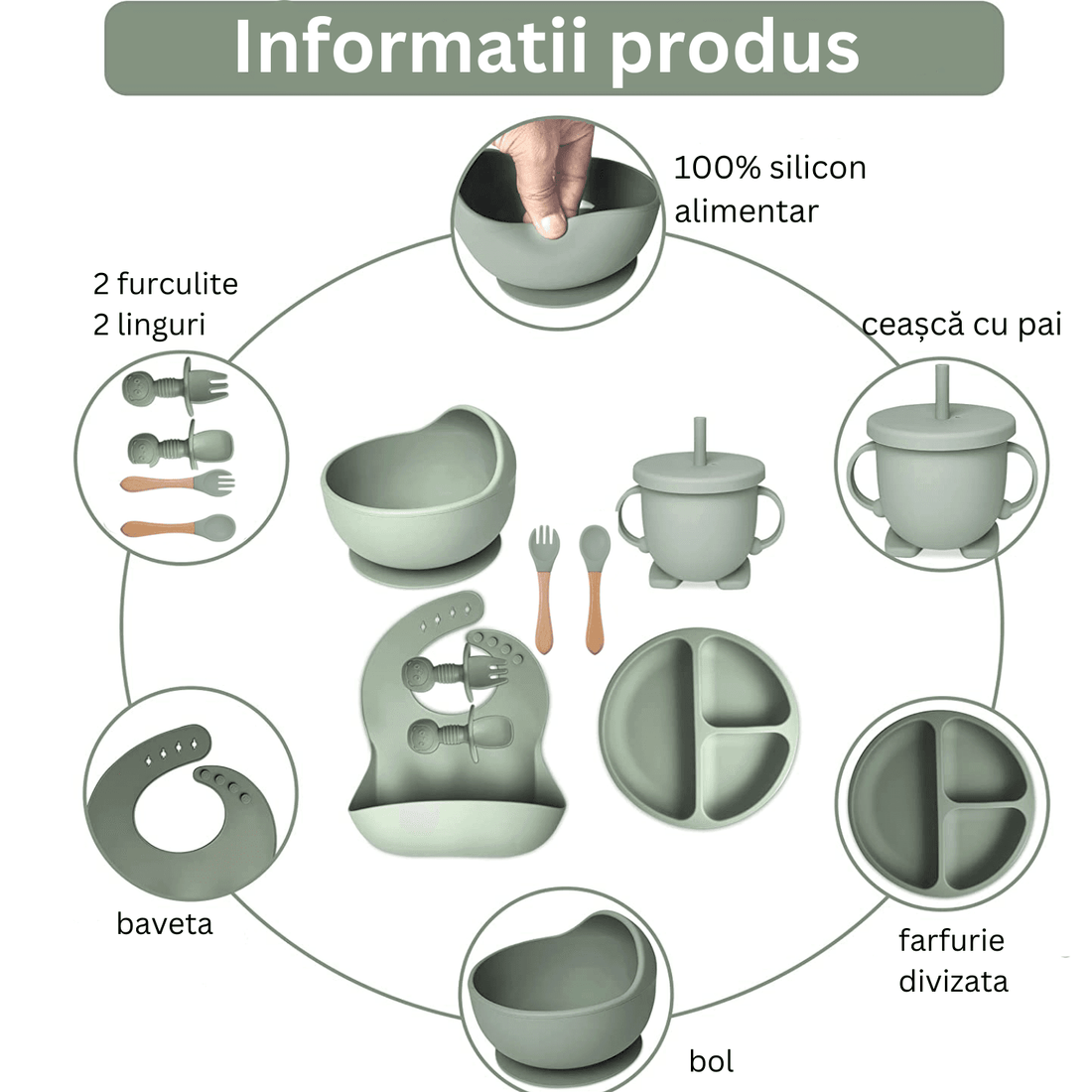 Set hrănire bebe din silicon, 8 piese: bavetă, farfurie compartimentată, bol cu ventuză, 2 seturi linguriță și furculiță, cană, fără alergeni, verde