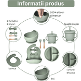 Set hrănire bebe din silicon, 8 piese: bavetă, farfurie compartimentată, bol cu ventuză, 2 seturi linguriță și furculiță, cană, fără alergeni, verde