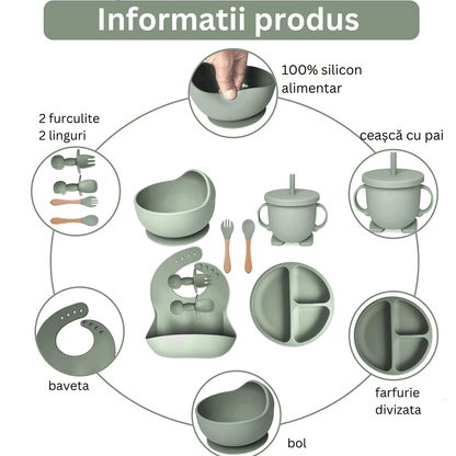 Set hrănire bebe din silicon, 8 piese: bavetă, farfurie compartimentată, bol cu ventuză, 2 seturi linguriță și furculiță, cană, fără alergeni, verde