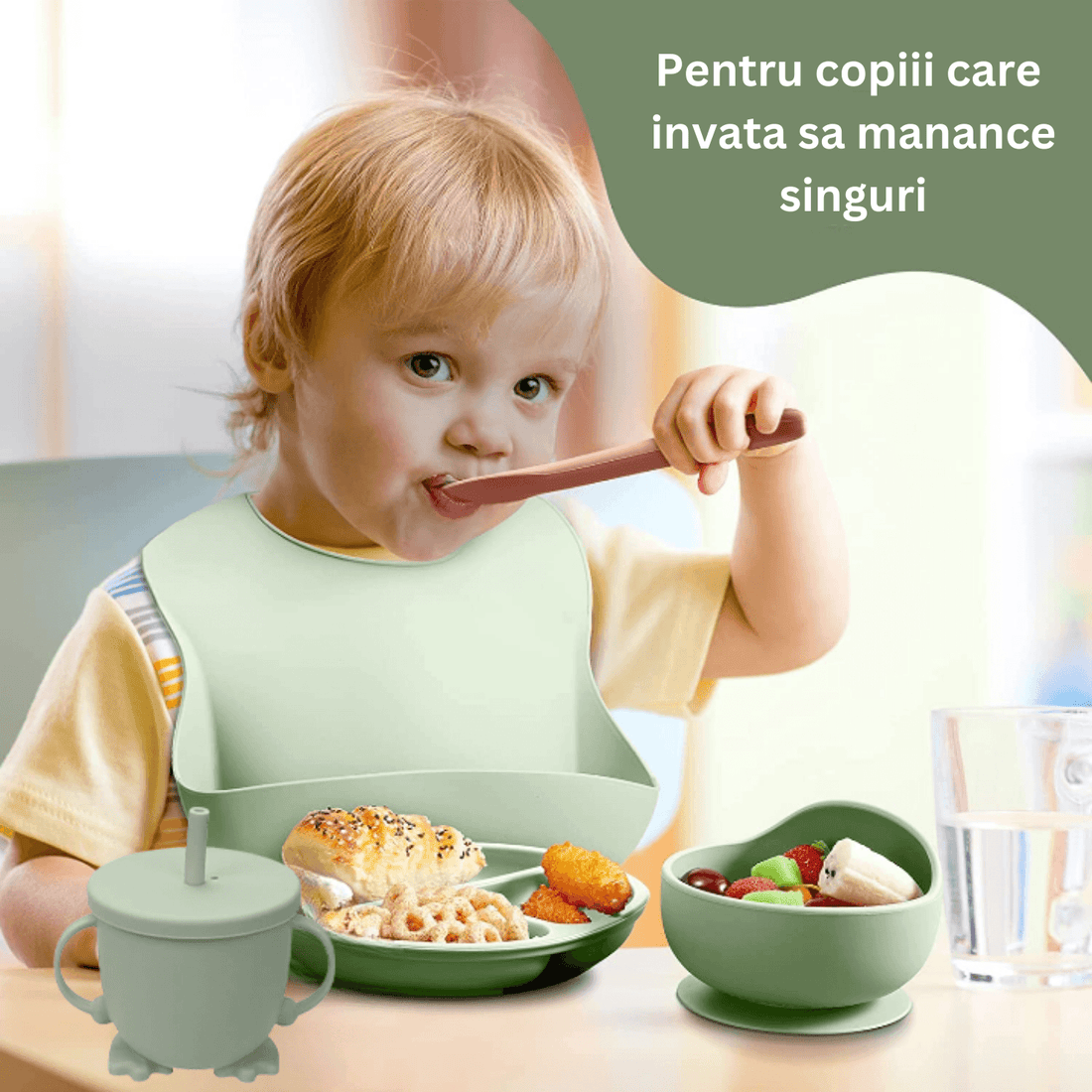 Set hrănire bebe din silicon, 8 piese: bavetă, farfurie compartimentată, bol cu ventuză, 2 seturi linguriță și furculiță, cană, fără alergeni, verde