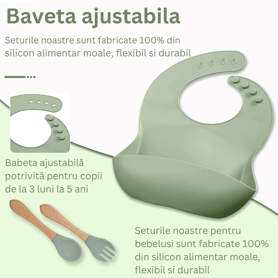Set hrănire bebe din silicon, 8 piese: bavetă, farfurie compartimentată, bol cu ventuză, 2 seturi linguriță și furculiță, cană, fără alergeni, verde