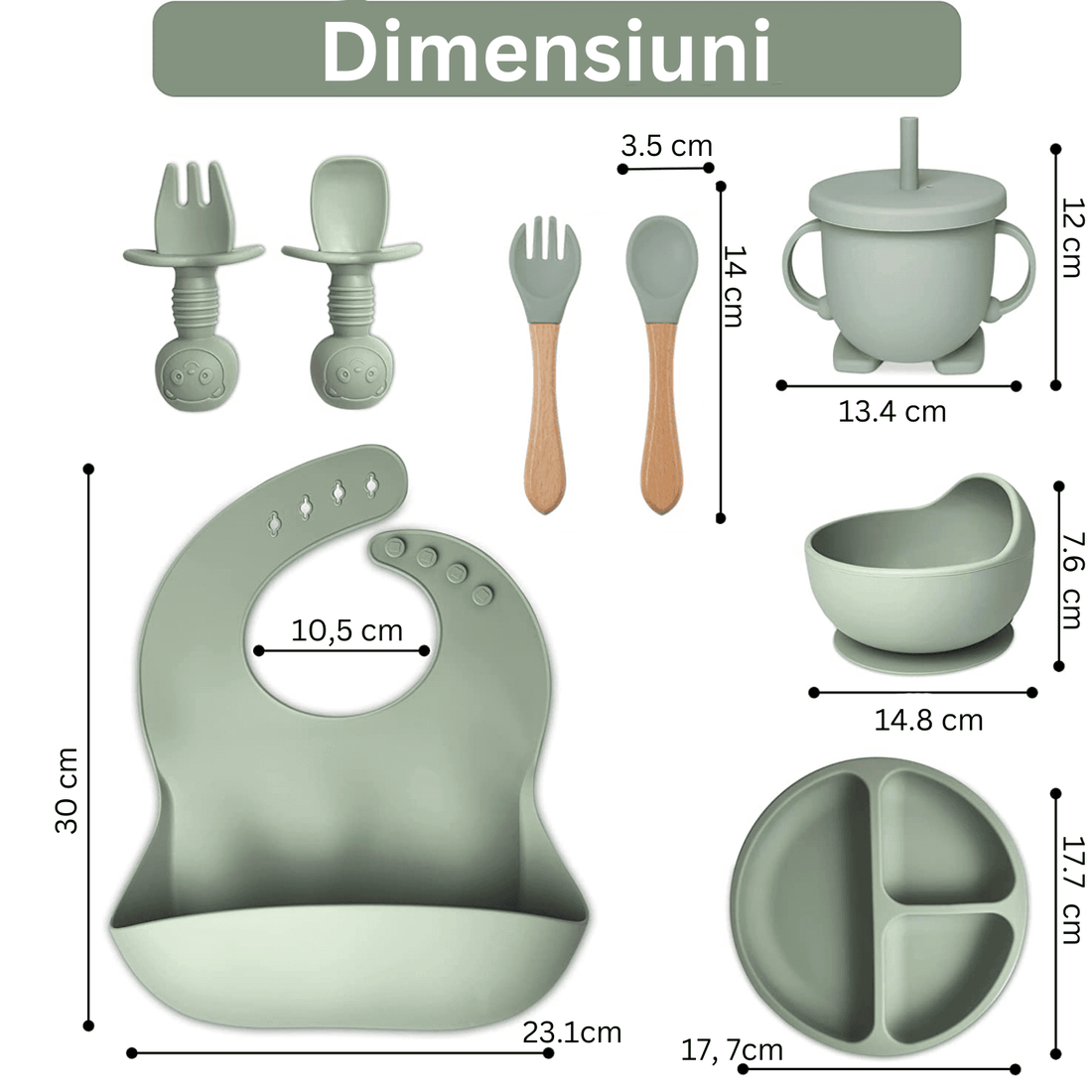 Set hrănire bebe din silicon, 8 piese: bavetă, farfurie compartimentată, bol cu ventuză, 2 seturi linguriță și furculiță, cană, fără alergeni, verde