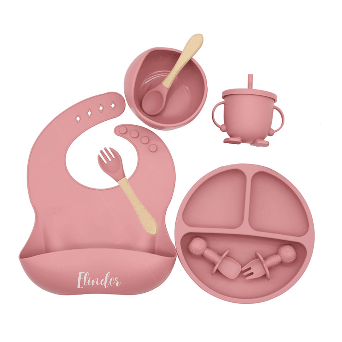 Set hrănire bebe din silicon, 8 piese: bavetă, farfurie compartimentată, bol cu ventuză, 2 seturi linguriță și furculiță, cană, fără alergeni, roz.