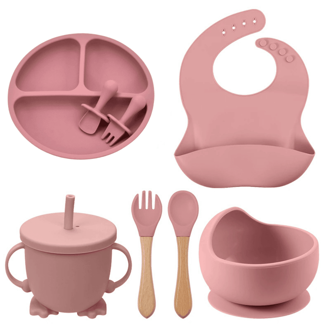 Set hrănire bebe din silicon, 8 piese: bavetă, farfurie compartimentată, bol cu ventuză, 2 seturi linguriță și furculiță, cană, fără alergeni, roz.