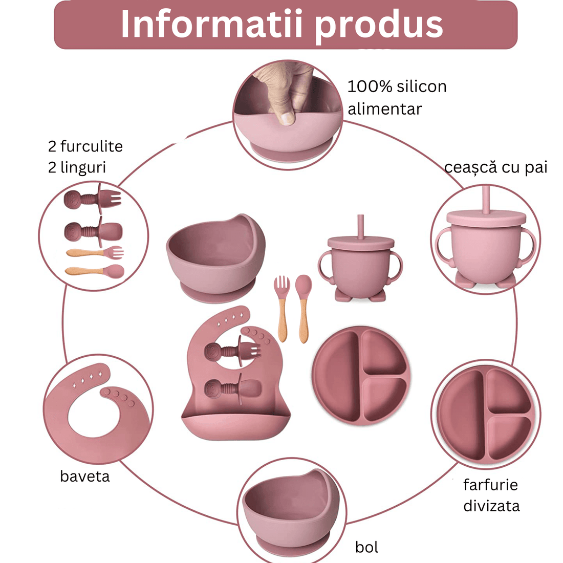 Set hrănire bebe din silicon, 8 piese: bavetă, farfurie compartimentată, bol cu ventuză, 2 seturi linguriță și furculiță, cană, fără alergeni, roz.