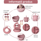 Set hrănire bebe din silicon, 8 piese: bavetă, farfurie compartimentată, bol cu ventuză, 2 seturi linguriță și furculiță, cană, fără alergeni, roz.