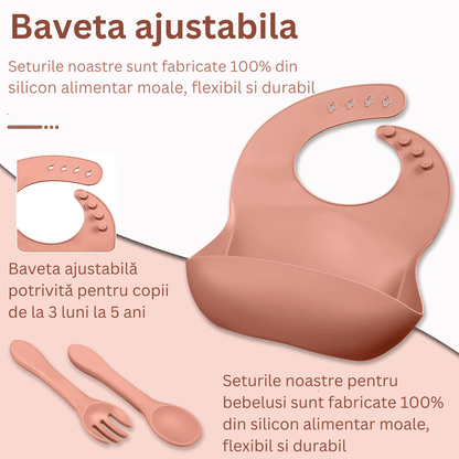 Set hrănire bebe din silicon, 8 piese: bavetă, farfurie compartimentată, bol cu ventuză, 2 seturi linguriță și furculiță, cană, fără alergeni, roz.