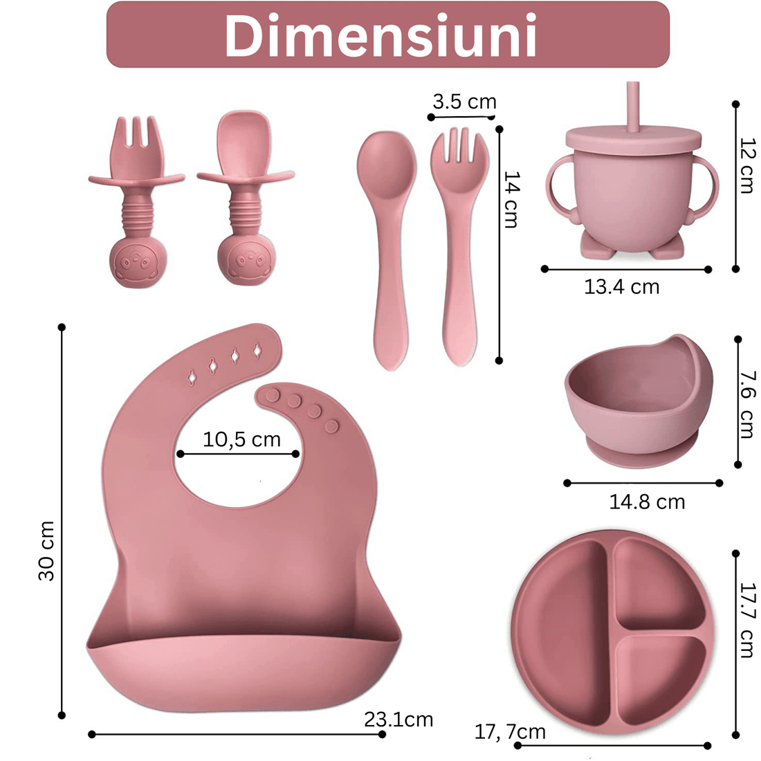Set hrănire bebe din silicon, 8 piese: bavetă, farfurie compartimentată, bol cu ventuză, 2 seturi linguriță și furculiță, cană, fără alergeni, roz.