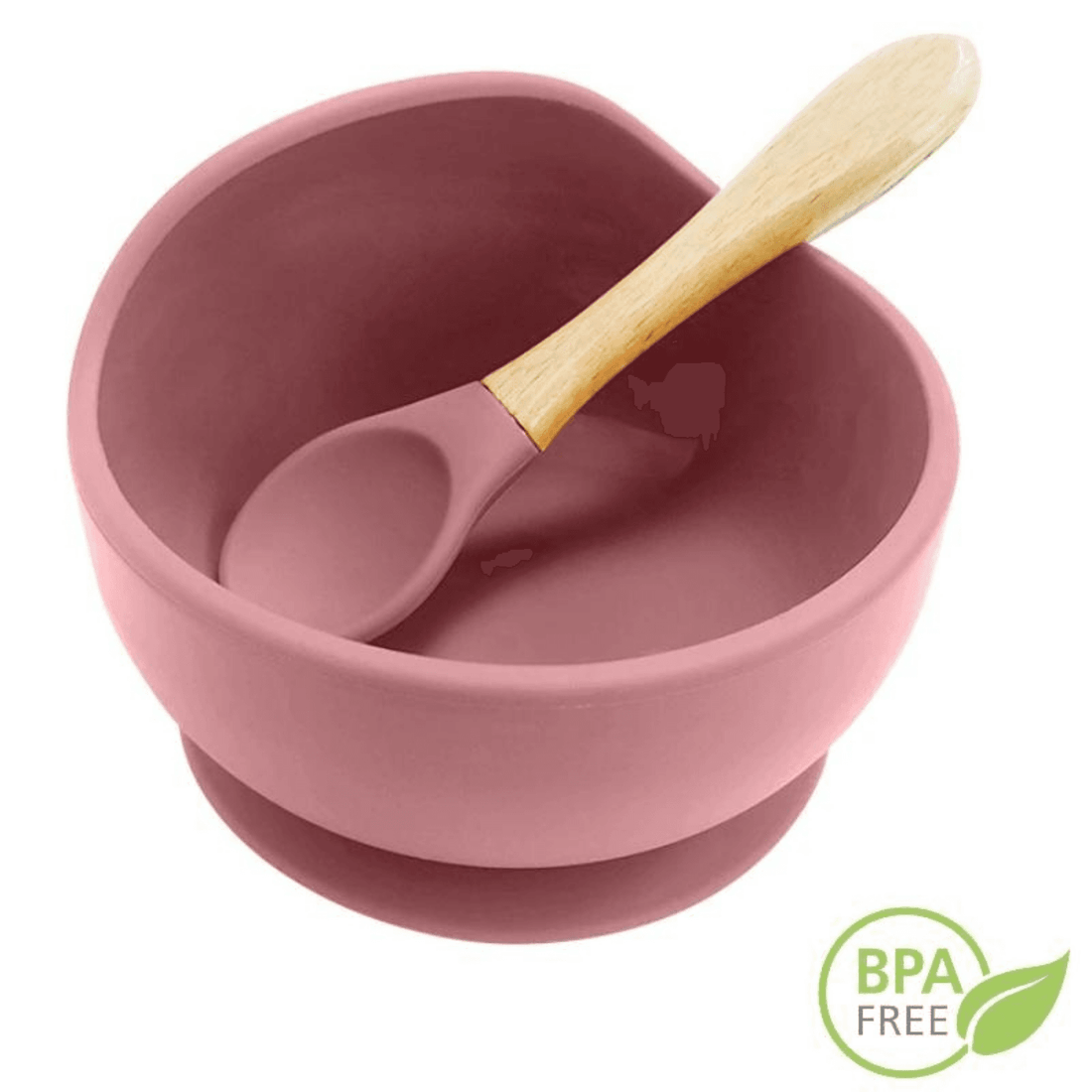 Set hrănire bebe din silicon, 8 piese: bavetă, farfurie compartimentată, bol cu ventuză, 2 seturi linguriță și furculiță, cană, fără alergeni, roz.