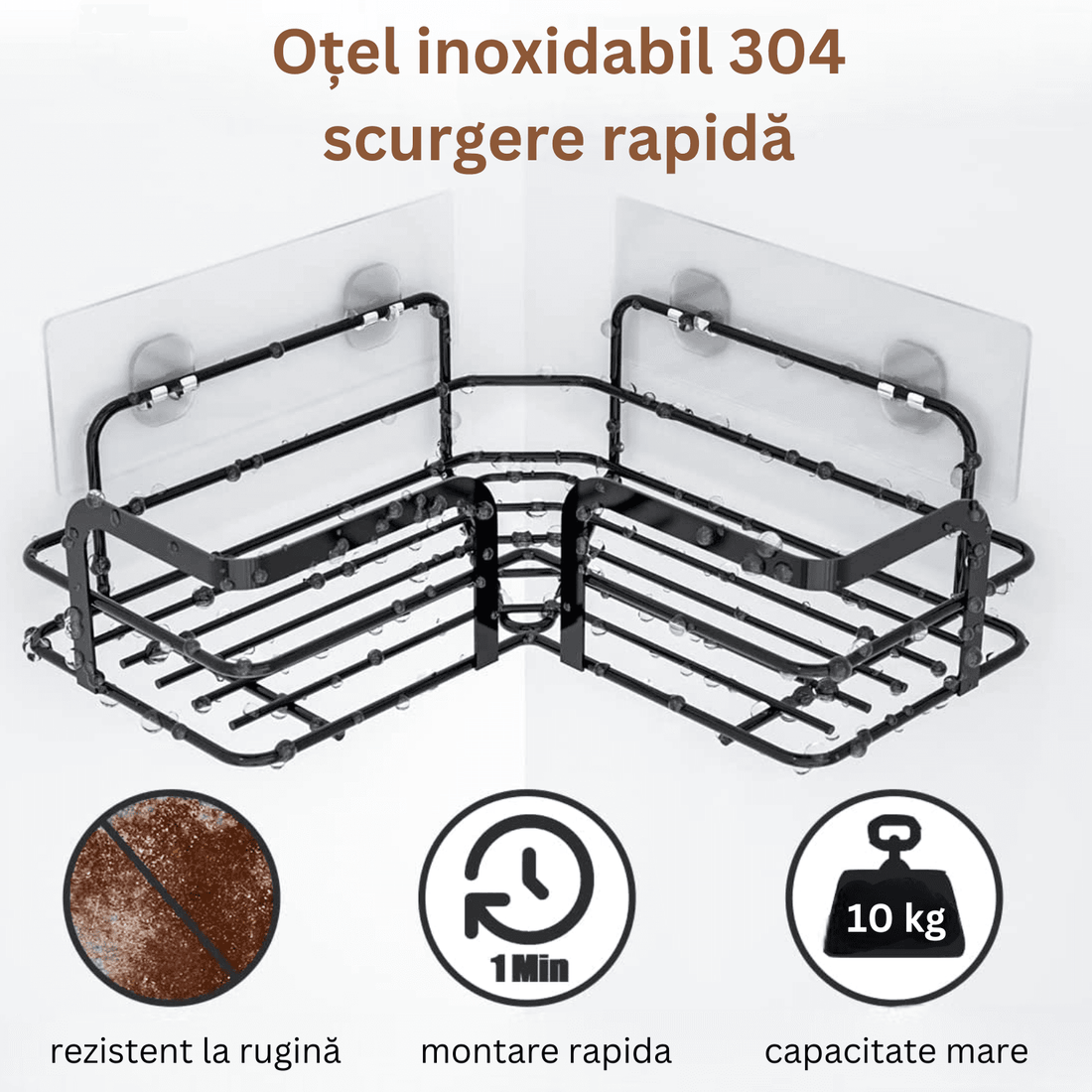 Raft de Duș Colțar, Etajeră pentru Baie, Oțel Inoxidabil, Set 2 Rafturi, Negru
