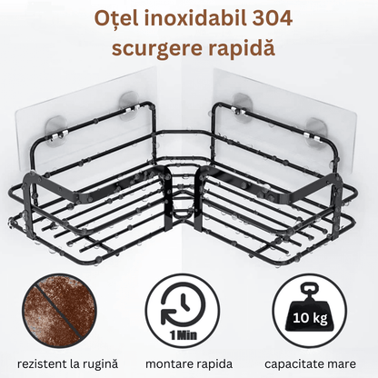 Raft de Duș Colțar, Etajeră pentru Baie, Oțel Inoxidabil, Set 2 Rafturi, Negru