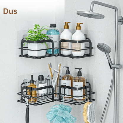 Raft de Duș Colțar, Etajeră pentru Baie, Oțel Inoxidabil, Set 2 Rafturi, Negru