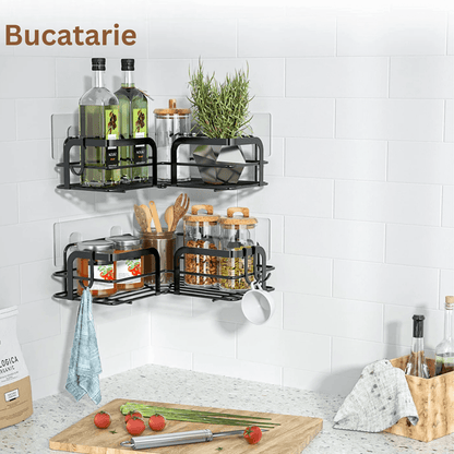 Raft de Duș Colțar, Etajeră pentru Baie, Oțel Inoxidabil, Set 2 Rafturi, Negru