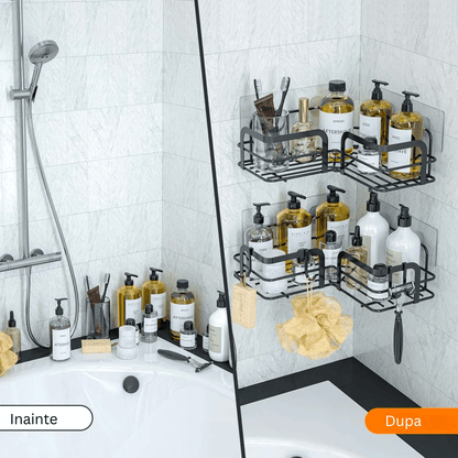 Raft de Duș Colțar, Etajeră pentru Baie, Oțel Inoxidabil, Set 2 Rafturi, Negru