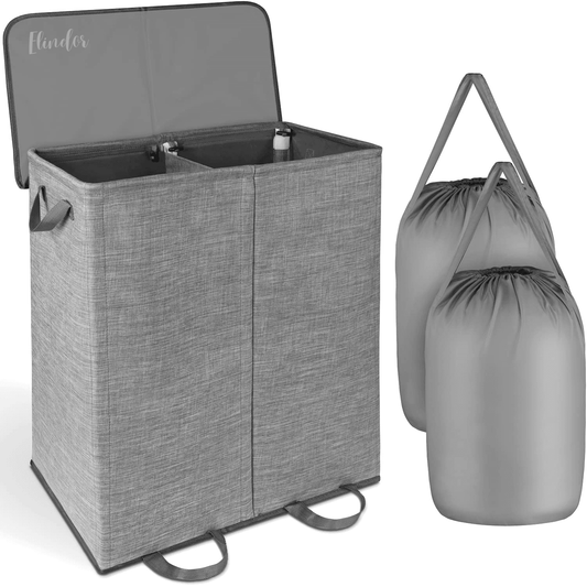 Coș de Rufe Pliabil, cu Capac și Saci Detașabili, 2 Compartimente Sortare, 136 L, 55 x 77 x 35 cm, Material Textil, Gri