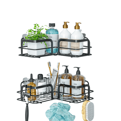 Raft de Duș Colțar, Etajeră pentru Baie, Oțel Inoxidabil, Set 2 Rafturi, Negru