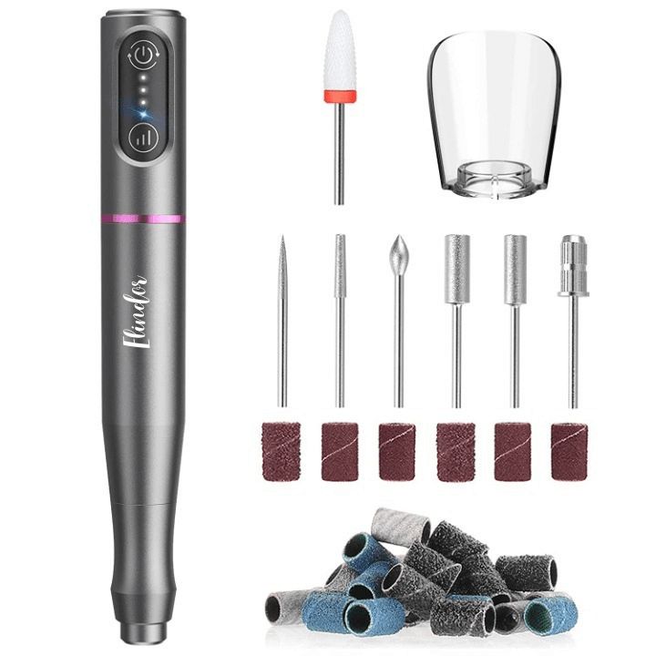 Freză unghii profesională wireless, 20.000 RPM, 6 capete, 60 benzi de șlefuire, gri