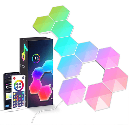 Lampă LED Modulară de Perete, Kit 6 Panouri Hexagon RGBI, Wi-Fi, Bluetooth, Sincronizare Muzicală, Compatibilă iOS/Android, Alexa & Google Assistant, Telecomandă, Dimmer, Timer, Multicolor