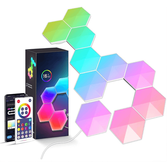 Lampă LED Modulară de Perete, Kit 6 Panouri Hexagon RGBI, Wi-Fi, Bluetooth, Sincronizare Muzicală, Compatibilă iOS/Android, Alexa & Google Assistant, Telecomandă, Dimmer, Timer, Multicolor