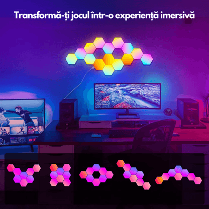 Lampă LED Modulară de Perete, Kit 6 Panouri Hexagon RGBI, Wi-Fi, Bluetooth, Sincronizare Muzicală, Compatibilă iOS/Android, Alexa & Google Assistant, Telecomandă, Dimmer, Timer, Multicolor
