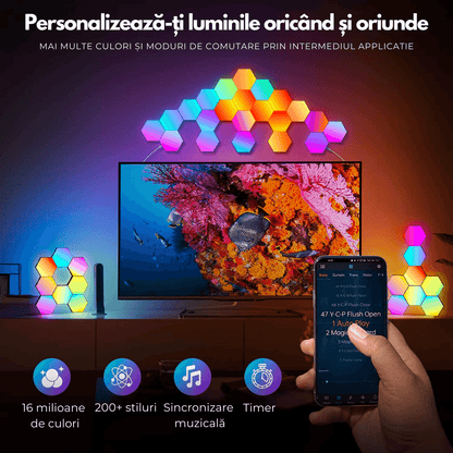 Lampă LED Modulară de Perete, Kit 6 Panouri Hexagon RGBI, Wi-Fi, Bluetooth, Sincronizare Muzicală, Compatibilă iOS/Android, Alexa & Google Assistant, Telecomandă, Dimmer, Timer, Multicolor