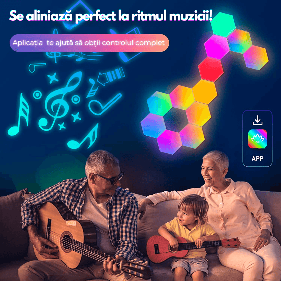 Lampă LED Modulară de Perete, Kit 6 Panouri Hexagon RGBI, Wi-Fi, Bluetooth, Sincronizare Muzicală, Compatibilă iOS/Android, Alexa & Google Assistant, Telecomandă, Dimmer, Timer, Multicolor