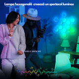 Lampă LED Modulară de Perete, Kit 6 Panouri Hexagon RGBI, Wi-Fi, Bluetooth, Sincronizare Muzicală, Compatibilă iOS/Android, Alexa & Google Assistant, Telecomandă, Dimmer, Timer, Multicolor