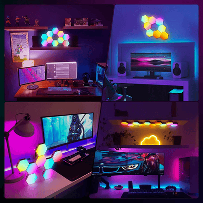 Lampă LED Modulară de Perete, Kit 6 Panouri Hexagon RGBI, Wi-Fi, Bluetooth, Sincronizare Muzicală, Compatibilă iOS/Android, Alexa & Google Assistant, Telecomandă, Dimmer, Timer, Multicolor