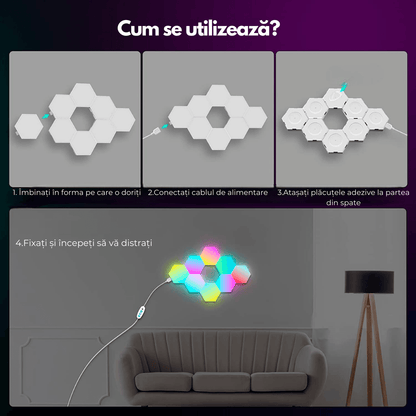 Lampă LED Modulară de Perete, Kit 6 Panouri Hexagon RGBI, Wi-Fi, Bluetooth, Sincronizare Muzicală, Compatibilă iOS/Android, Alexa & Google Assistant, Telecomandă, Dimmer, Timer, Multicolor