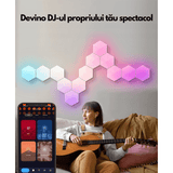 Lampă LED Modulară de Perete, Kit 6 Panouri Hexagon RGBI, Wi-Fi, Bluetooth, Sincronizare Muzicală, Compatibilă iOS/Android, Alexa & Google Assistant, Telecomandă, Dimmer, Timer, Multicolor