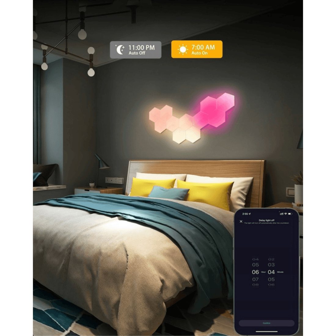 Lampă LED Modulară de Perete, Kit 6 Panouri Hexagon RGBI, Wi-Fi, Bluetooth, Sincronizare Muzicală, Compatibilă iOS/Android, Alexa & Google Assistant, Telecomandă, Dimmer, Timer, Multicolor