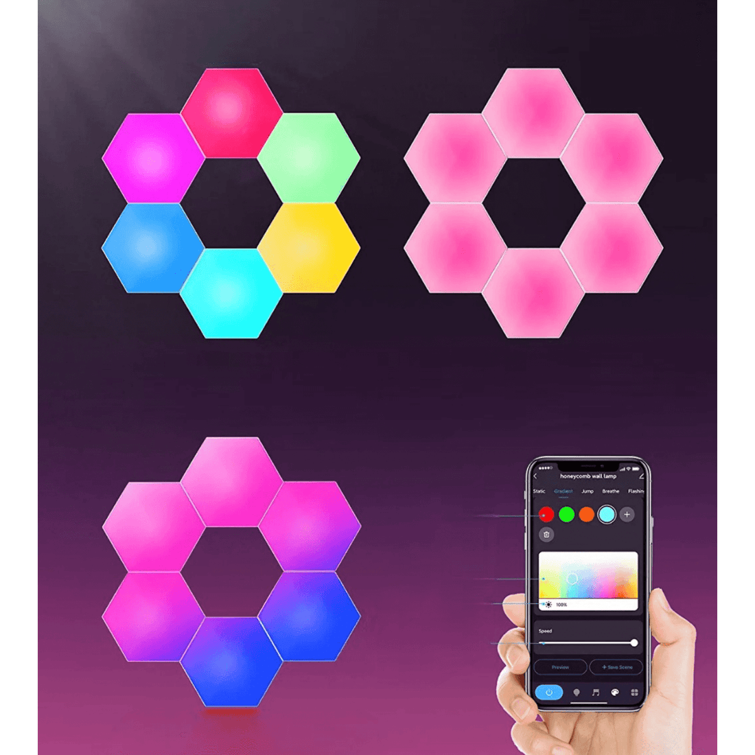 Lampă LED Modulară de Perete, Kit 6 Panouri Hexagon RGBI, Wi-Fi, Bluetooth, Sincronizare Muzicală, Compatibilă iOS/Android, Alexa & Google Assistant, Telecomandă, Dimmer, Timer, Multicolor