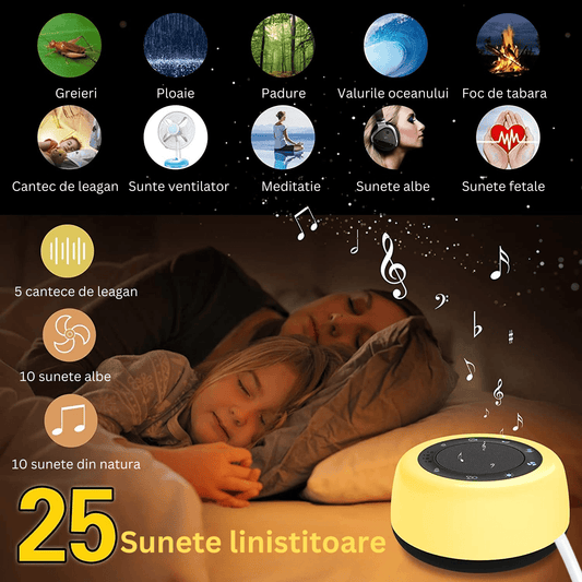 Dispozitiv Sunete Albe, 25 Sunete HD, Lumină de Veghe, Control Tactil, 6 Culori Ajustabile, 3 Niveluri Intensitate, USB
