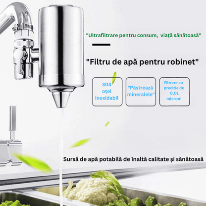 Filtru Apă Potabilă Elindor®, Robinet, Carbon Activ, Elimină Impuritățile și Metale Grele, Argintiu