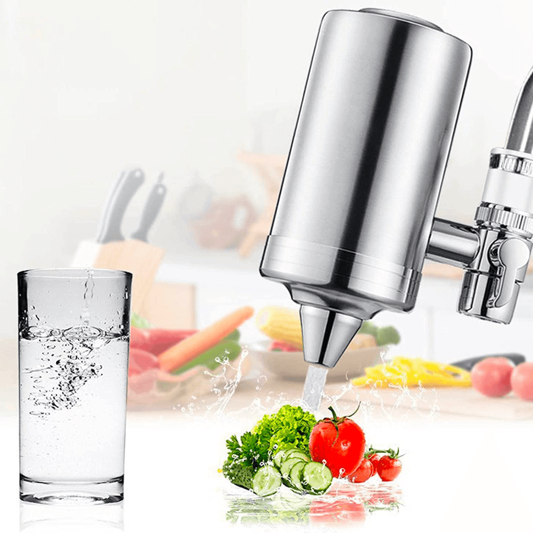 Filtru Apă Potabilă Elindor®, Robinet, Carbon Activ, Elimină Impuritățile și Metale Grele, Argintiu