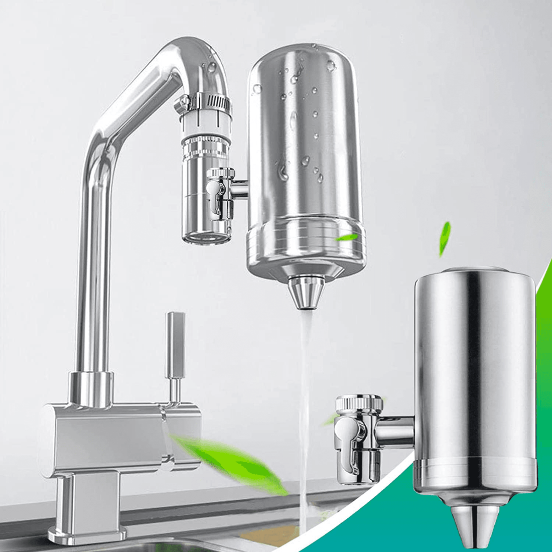 Filtru Apă Potabilă Elindor®, Robinet, Carbon Activ, Elimină Impuritățile și Metale Grele, Argintiu