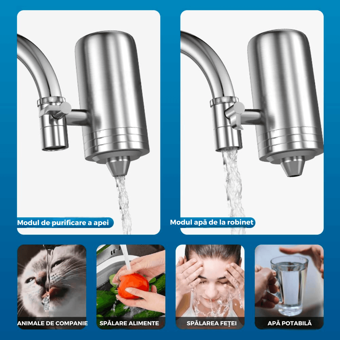 Filtru Apă Potabilă Elindor®, Robinet, Carbon Activ, Elimină Impuritățile și Metale Grele, Argintiu