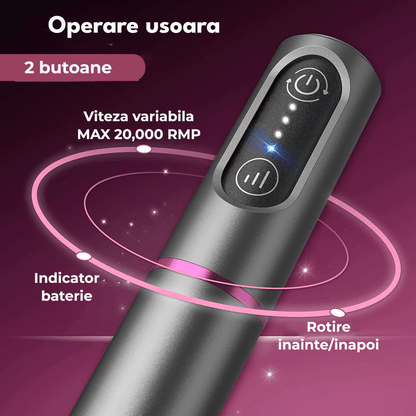 Freză unghii profesională wireless, 20.000 RPM, 6 capete, 60 benzi de șlefuire, gri