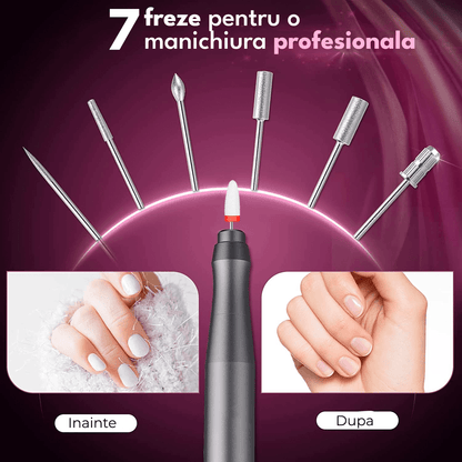 Freză unghii profesională wireless, 20.000 RPM, 6 capete, 60 benzi de șlefuire, gri