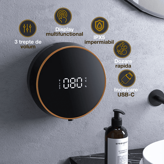 Dozator Săpun Lichid cu Spumă, Senzor Mișcare, Fără Atingere, 300 ml, Negru cu Inserții Aurii