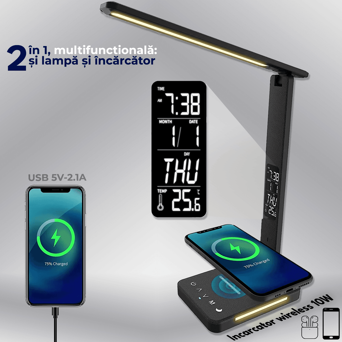 Lampa LED Birou Elindor® Cu Incarcare Wireless, 5 Moduri Lumina, 5 Intensitati, Control Tactil, USB, 450lm, Negru