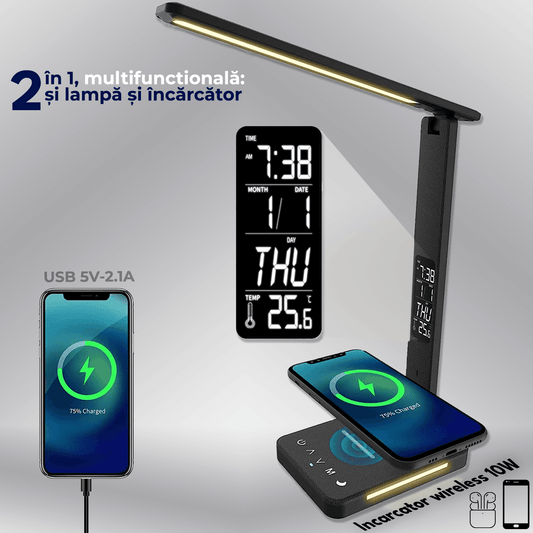 Lampa LED Birou Elindor® Cu Incarcare Wireless, 5 Moduri Lumina, 5 Intensitati, Control Tactil, USB, 450lm, Negru