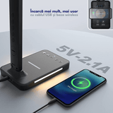 Lampa LED Birou Elindor® Cu Incarcare Wireless, 5 Moduri Lumina, 5 Intensitati, Control Tactil, USB, 450lm, Negru