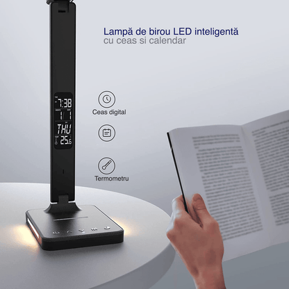 Lampa LED Birou Elindor® Cu Incarcare Wireless, 5 Moduri Lumina, 5 Intensitati, Control Tactil, USB, 450lm, Negru