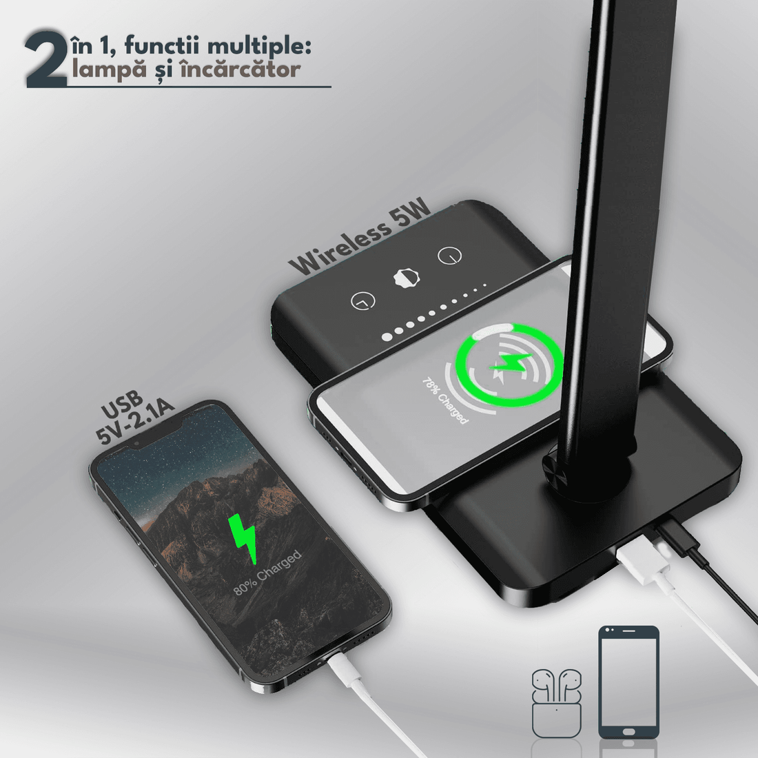 Lampa LED Birou Elindor® Cu Incarcare Wireless, 5 Moduri Lumina, 10 Intensitati, Control Tactil, Ajustabila, USB, 450lm, Negru