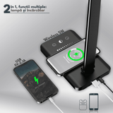 Lampa LED Birou Elindor® Cu Incarcare Wireless, 5 Moduri Lumina, 10 Intensitati, Control Tactil, Ajustabila, USB, 450lm, Negru