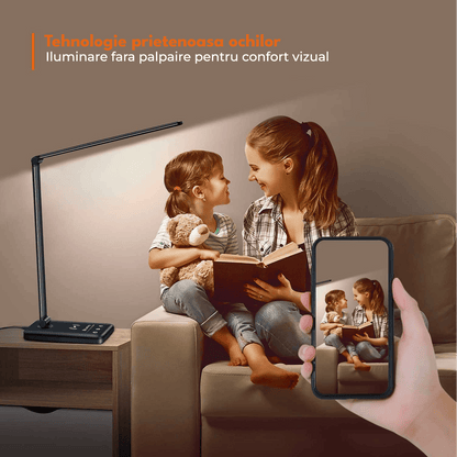 Lampa LED Birou Elindor® Cu Incarcare Wireless, 5 Moduri Lumina, 10 Intensitati, Control Tactil, Ajustabila, USB, 450lm, Negru