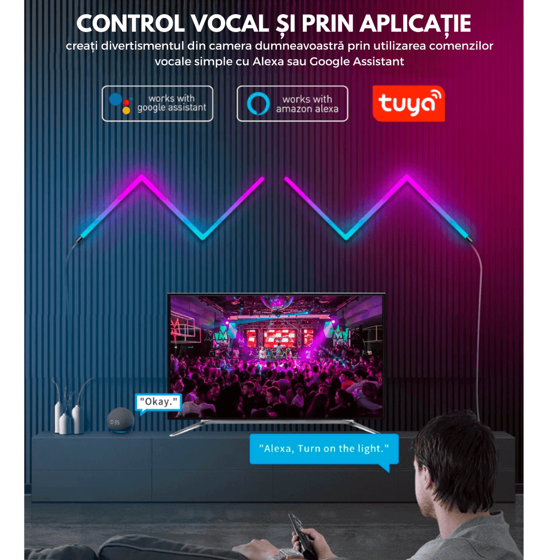 Set 6 Bare LED RGBIC Inteligente Elindor® Wall Light, Wi-Fi, Sincronizare Muzică, Compatibile Google Assistant/Alexa, 180 cm (6 x 30 cm)